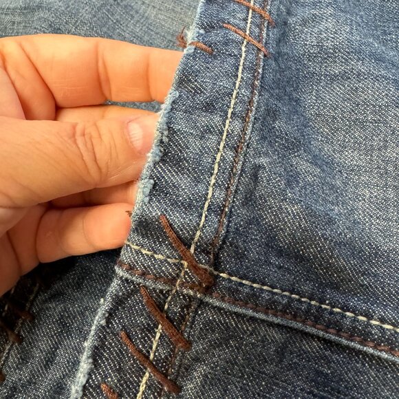 Antik Jeans Mens 33 Actual 34x30 Embroidered Pocket Brown Stitching Button Fly - Picture 9 of 14